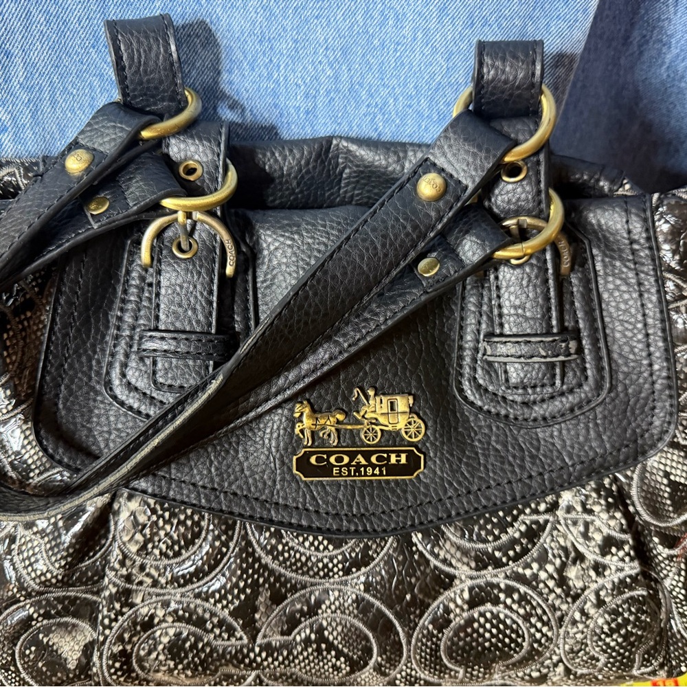 Coach Signature Embossed Tote Bag 14578 Black Gray Leather Trim Gold Hardware - Picture 9 of 17